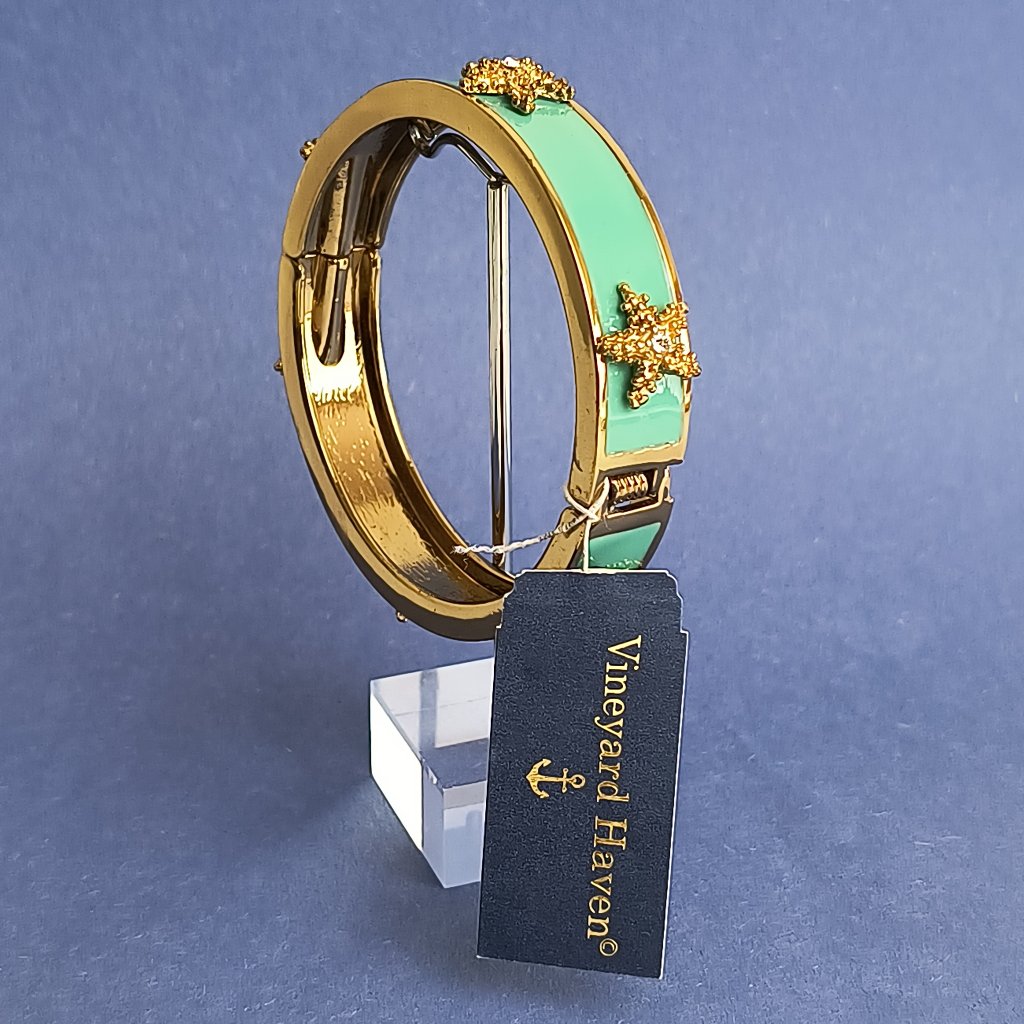 Starfish Teal Blue Enamel Hinge Cuff Bangle Clamper Bracelet Gold Tone